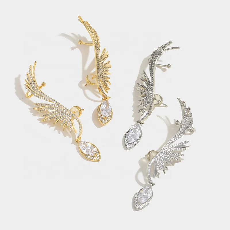 

Heavy Industry Ear Bone Clip Gold-plated Inlaid Zircon Full Diamond Feather Wings Earrings For Women, Customized color