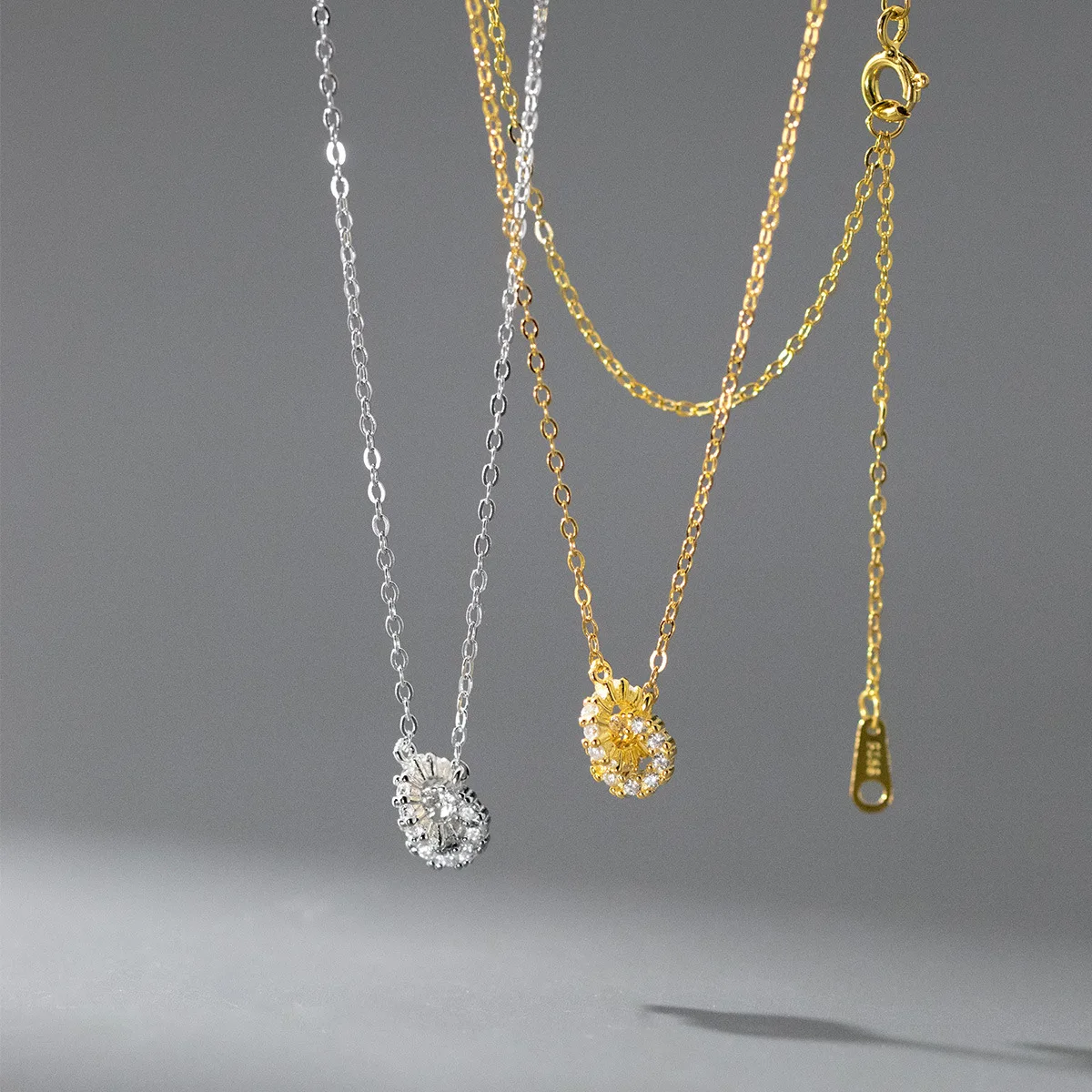 Wholesale Fashion Jewelry 925 Sterling Silver Two Round Circles Double Rings Zircon Gold Plated Necklaces for Women
