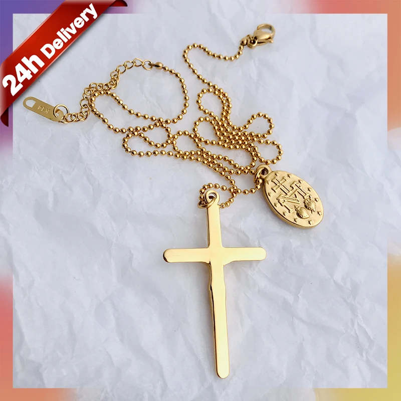 

Dylam Hot Sale Wholesale Blessed 18K Gold Plated Necklace Titanium Steel Round Ball Chain Cross Pendant Necklace