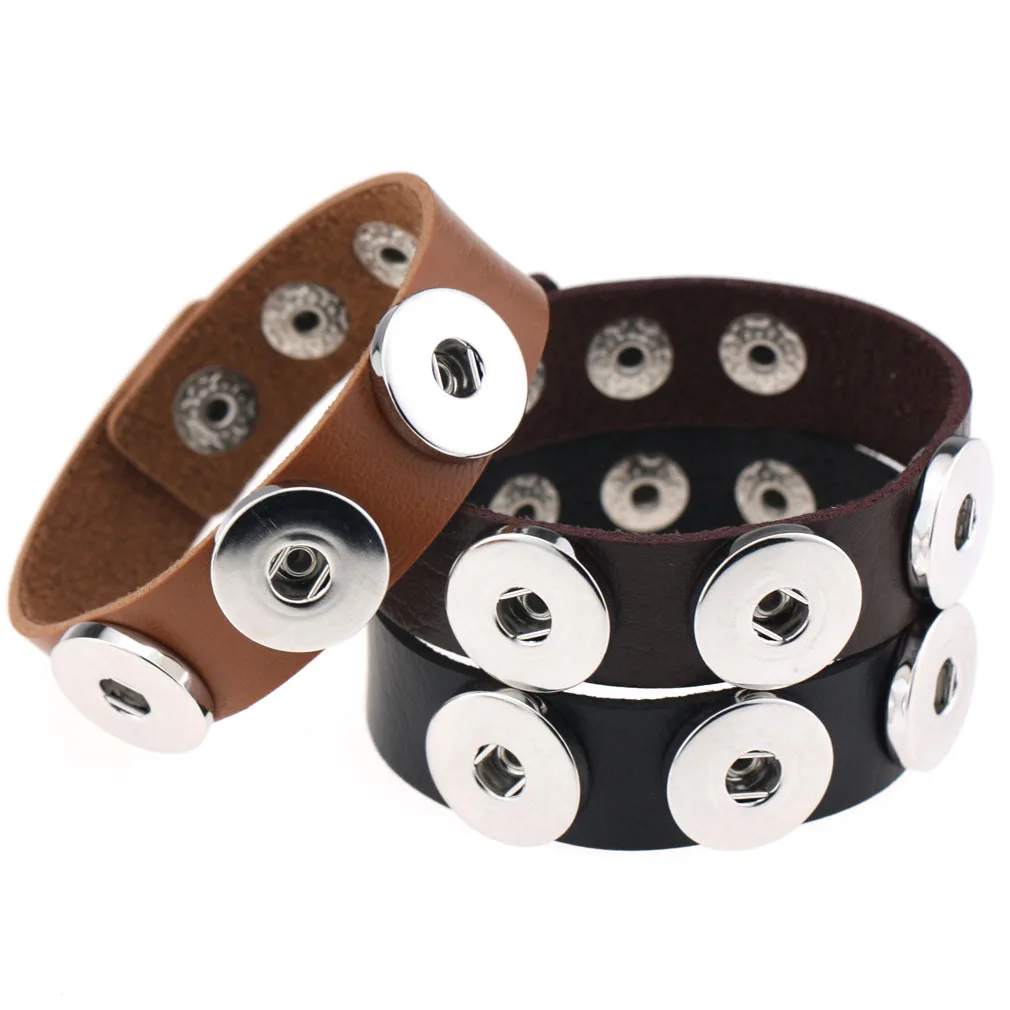 

New Handmade Braided Leather 3 Button Snap Bracelet Bangles DIY Snap Button Charm Bracelet For Women Jewelry (KB8339), As picture