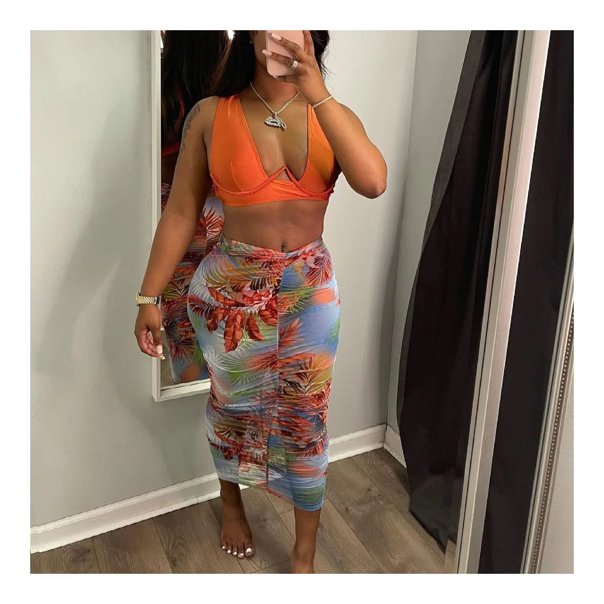 

FS4888D floral prints dress chest wrap Matching Sets Sexy Two Piece skirts Outfits