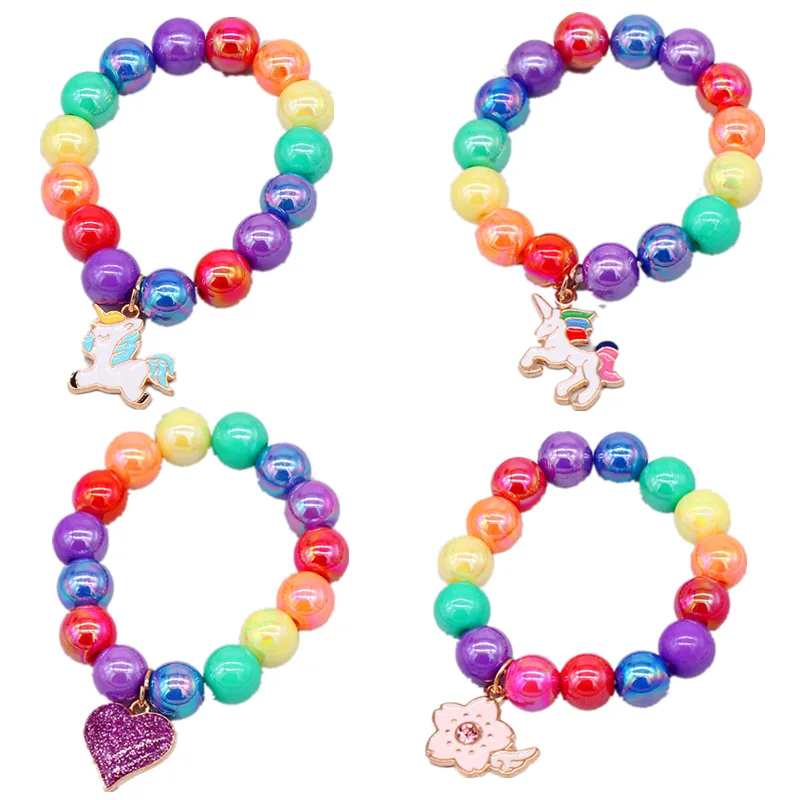 

Children's bracelet cute cartoon little girl bracelet baby accessories rainbow beaded alloy drip jewelry, Panda, rainbow, colorful pony, blue pony, purple love heart