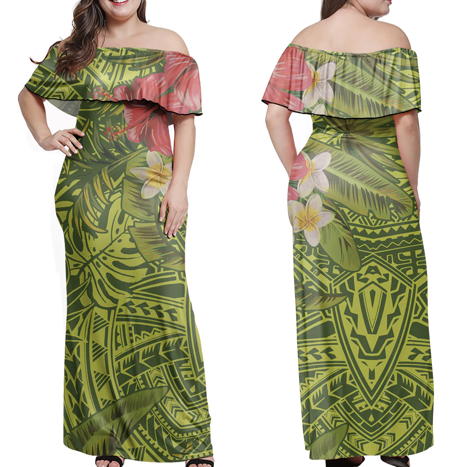 

Polynesian Hawaii Derss Women Party Dress Hibiscus Print Casual Off The Shoulder Sleeveless Ruffle Wedding Elegant Beach Dress, Customized color