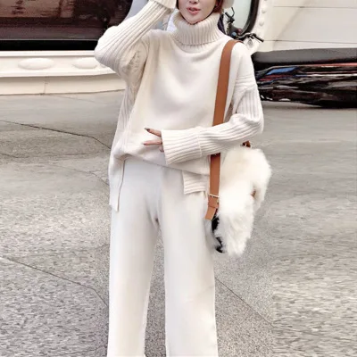 

Factory wholesale high neck split sweater wide leg pants turtleneck heavy sweater two piece set women clothing