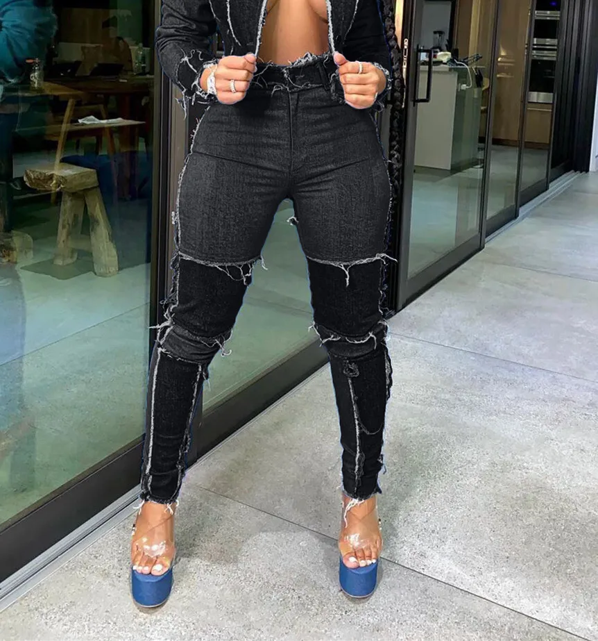 

Hot selling street fashion women's middle waist cardigan two color stitching jeans, 5 colors