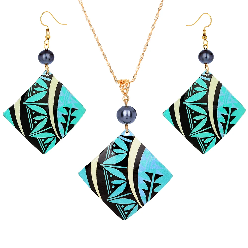 

SophiaXuan Holiday implicity Jewelry Set Geometric Printing Pendant Hawaiian Jewelry Set, Grey