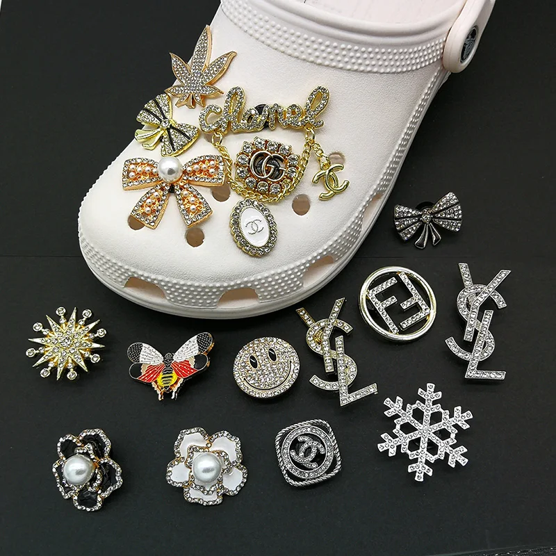 

designers metal luxury bling custom rhinestone metal disigners metal brand croc shoe charms for clog shoes decoration wholesale