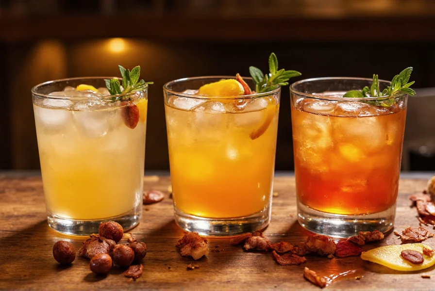 Three variations of ginger ale whiskey cocktails on wooden bar surface with ingredients