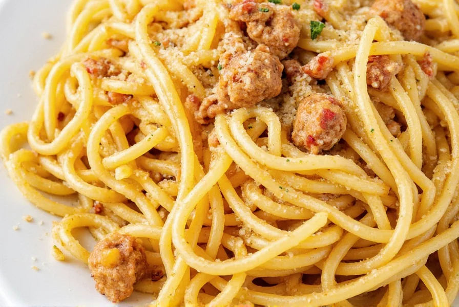 Homemade spaghetti plate with seasoning sprinkled on top