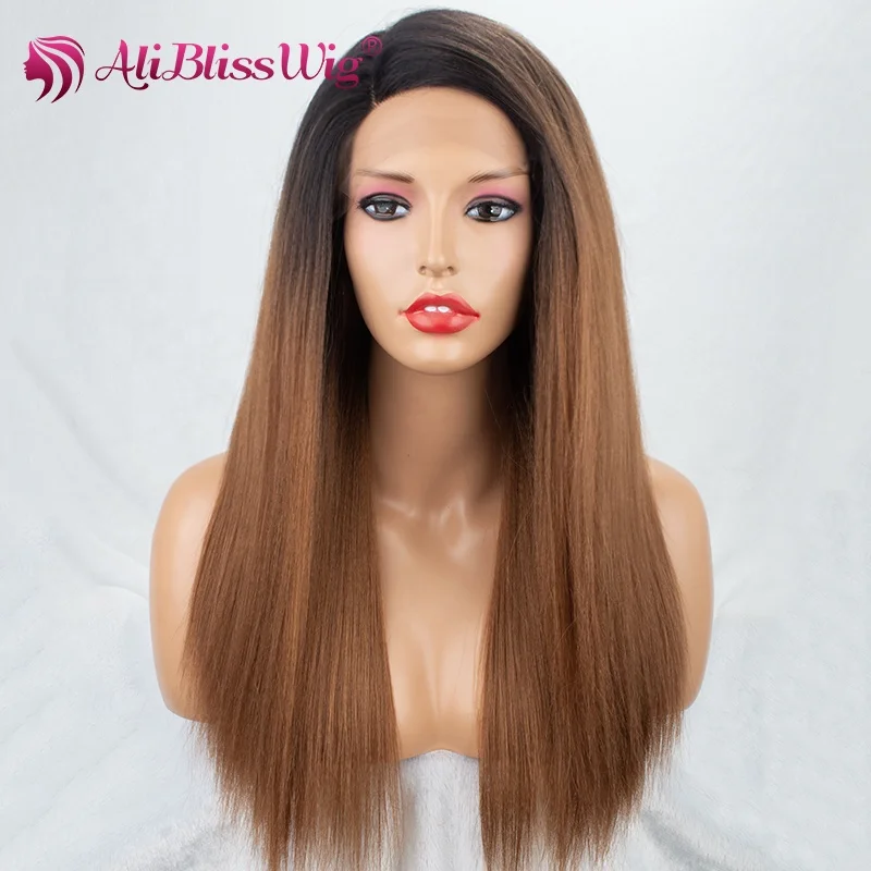 

Aliblisswig Wholesale wigs Natural Looking Wigs Long Silk Straight Ombre Brown Cheap Synthetic Lace Front Wigs For Women