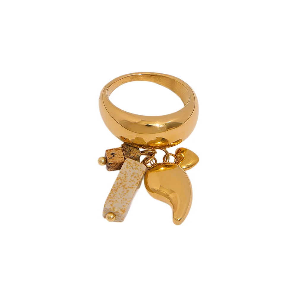 Fashion Stainless Steel Waterproof Jewelry 18k Gold Plated Gold Stone Water Droplet Fringe Handmade Ring Women YF6019