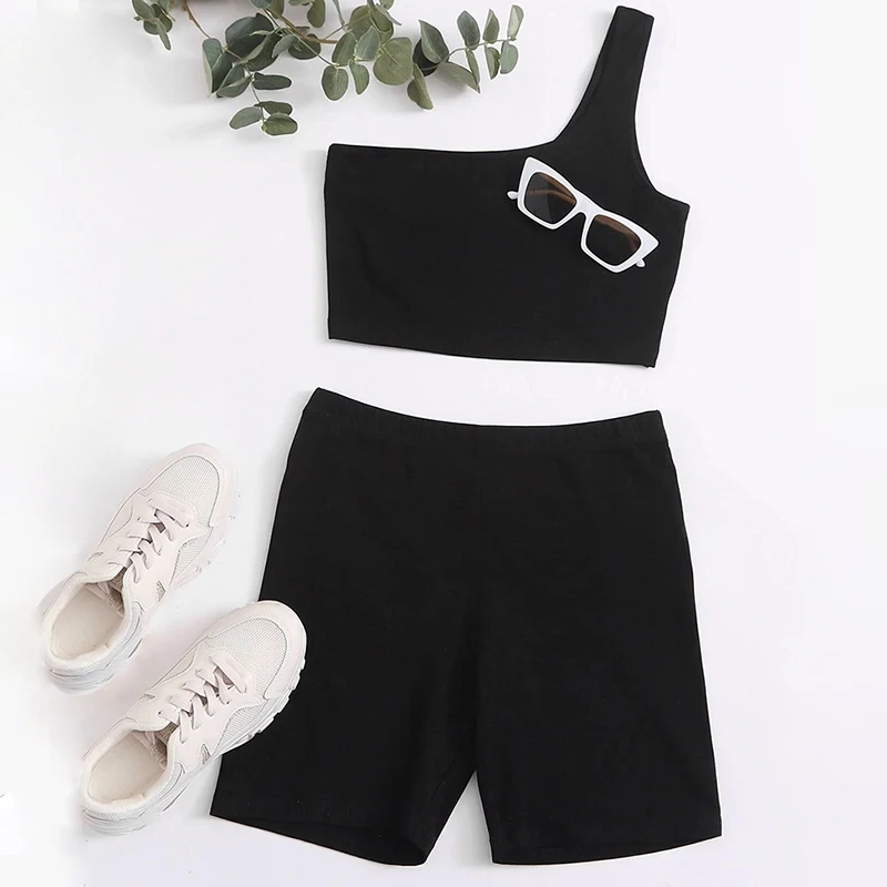 

2022 Women One Shoulder Crop Top & Biker Shorts Set A Single Strap Black Slim Fit Gym Sport Casual Set