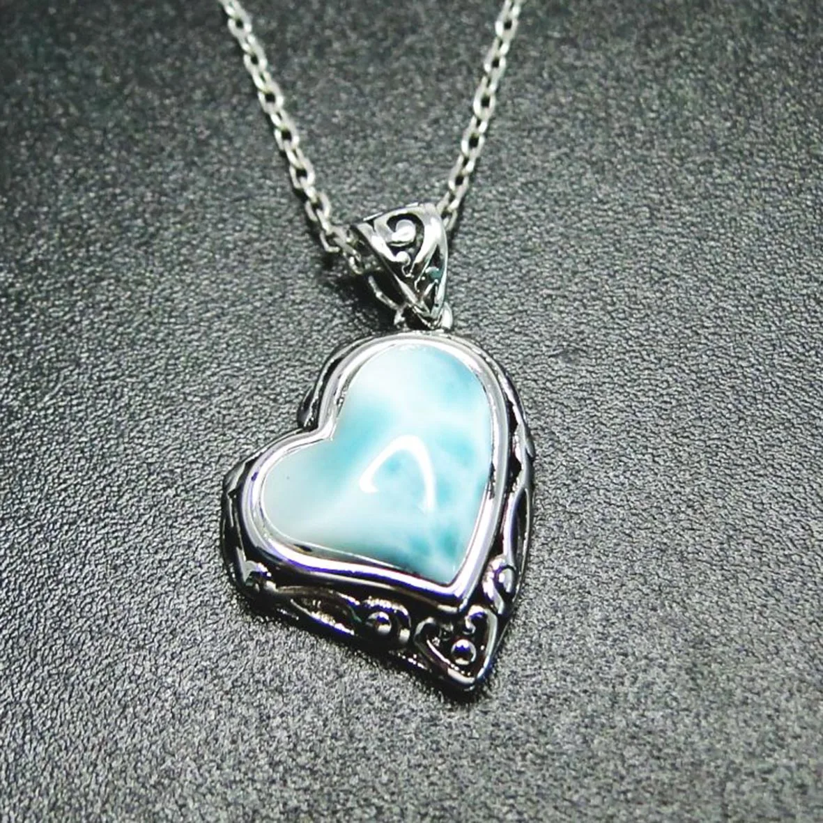 

925 Sterling Silver Jewelry Natural Blue Larimar Heart Cham Pendant