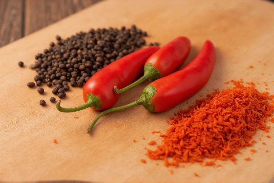 Close-up comparison of black peppercorns, red bell peppers, and cayenne peppers on wooden cutting board