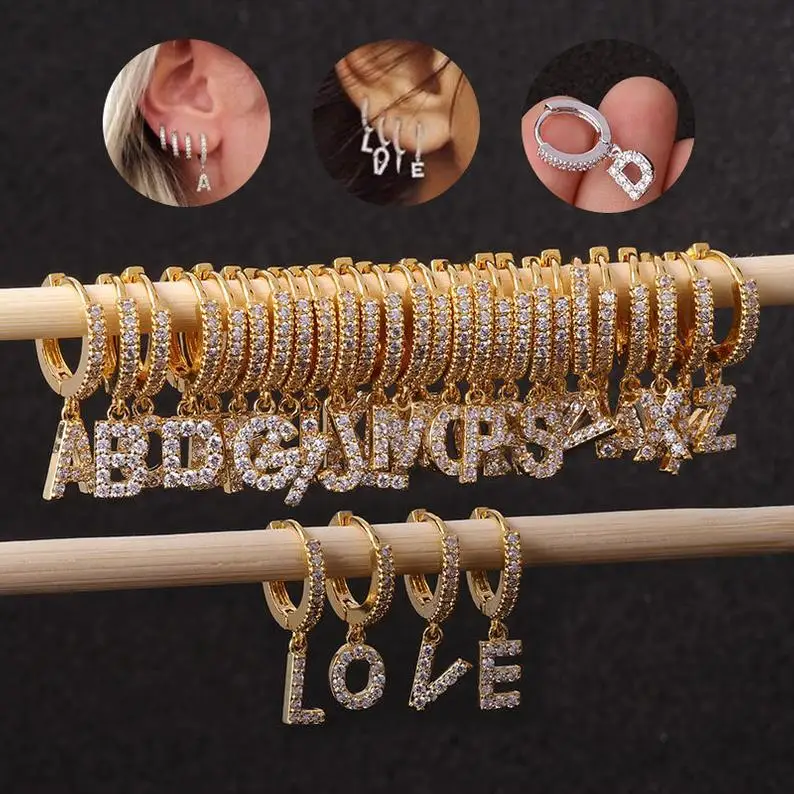 

Personalized Monogram Alphabet Hoop Earrings CZ Dangle Earrings, Gold,silver