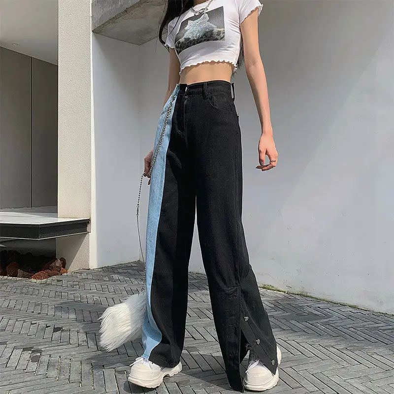 

2021 New Summer Vintage Jeans Woman Long Trousers Female Loose High Waist Wide Leg Denim Pants, As pic