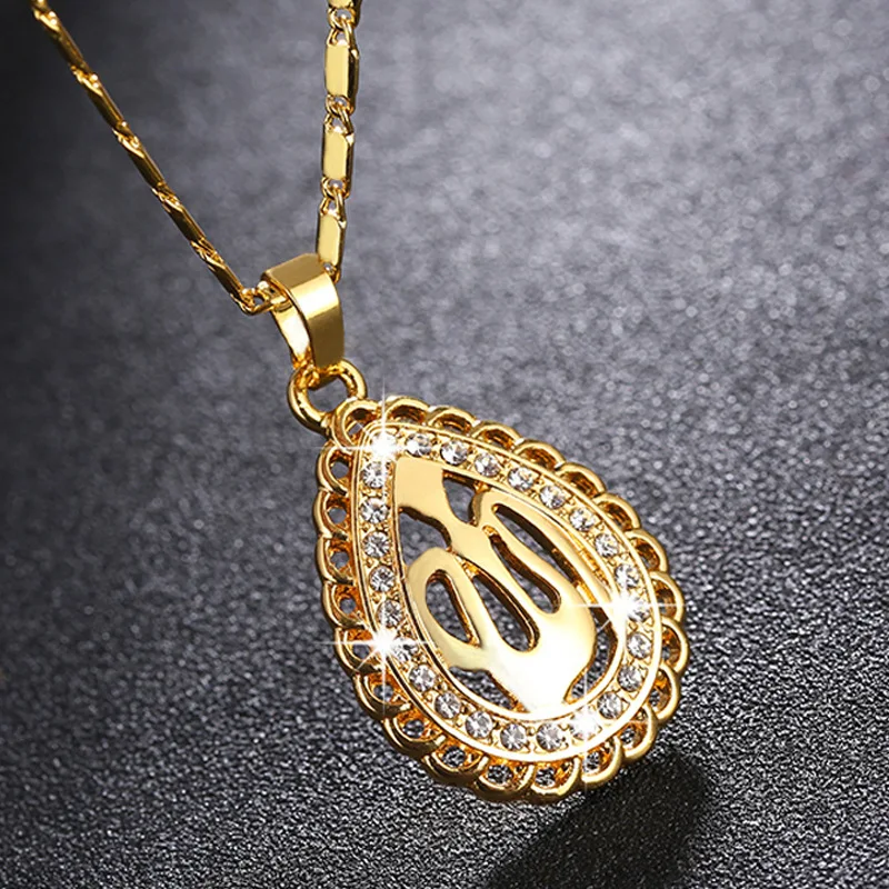 

Arabic Islamic Religious Women Allah Gold-color Rhinestone Pendant Necklace Jewelry Muslim Ramadan Gift Necklace (KNK5239), Same as the picture