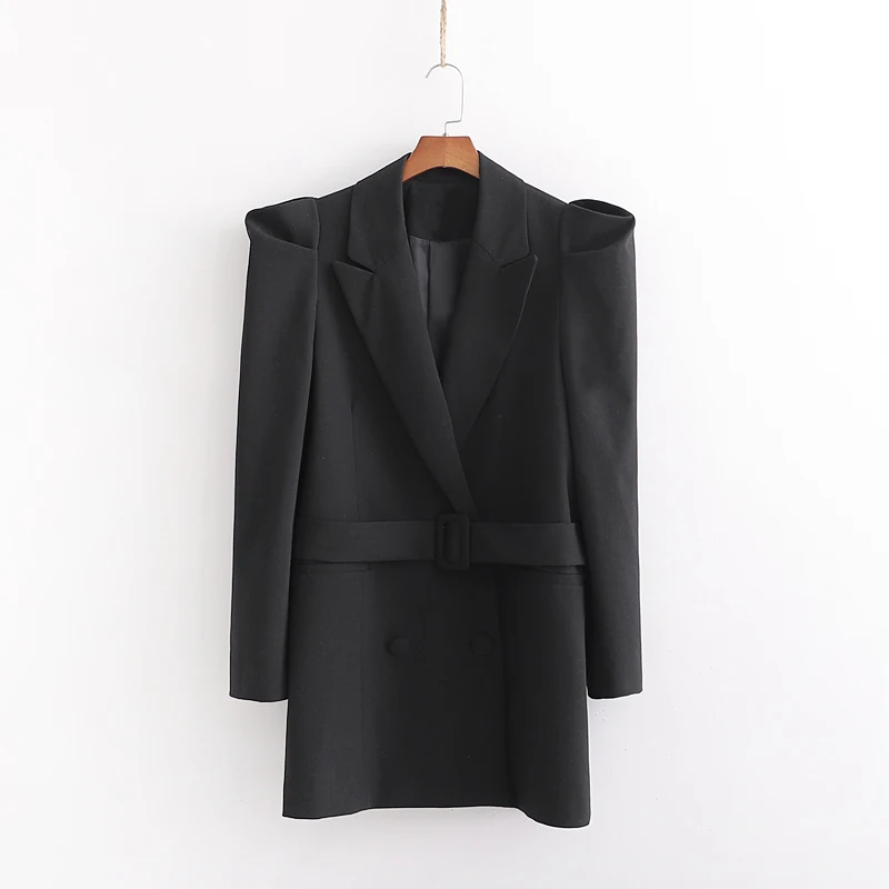 High street style puff long sleeve blazer women black color sashes jacket