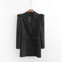 

High street style puff long sleeve blazer women black color sashes jacket