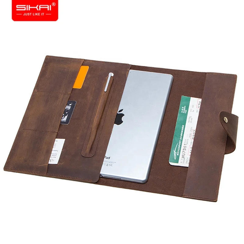 

SIKAI Multi-function 9.7 inch crazy horse genuine leather folders custom logo padfolio for ipad pro 11 2020
