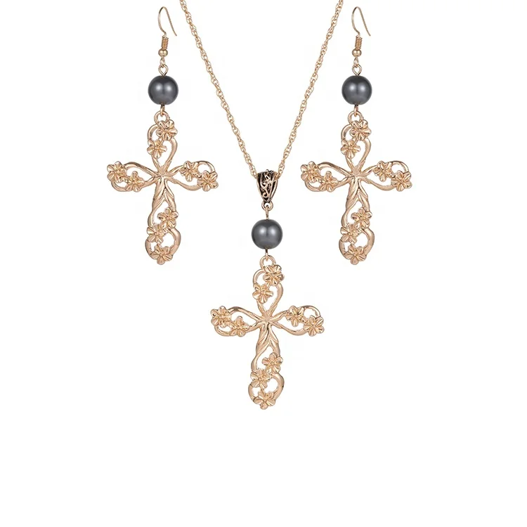 

Golden Luxury Party Fashion Accessories Cross Flower Pendant Women Jewelry Set Hawaii Earring Necklace