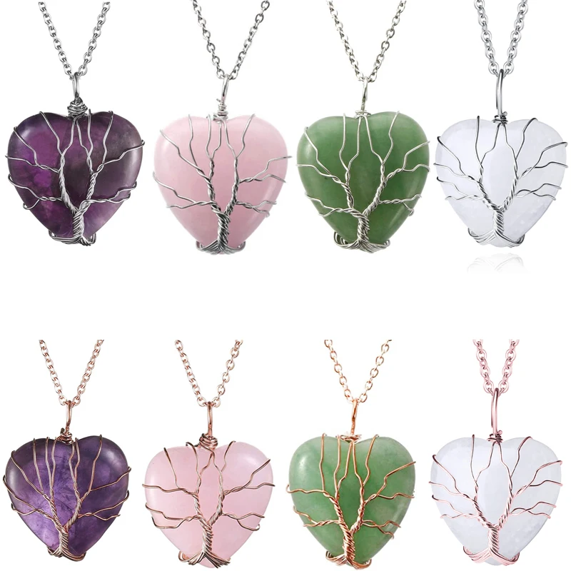 

Tree of Life Wire Wrapped Heart Pendant Necklace Reiki Healing Crystal Stone Necklaces Natural Rose Quartz Jewelry for Women, Picture