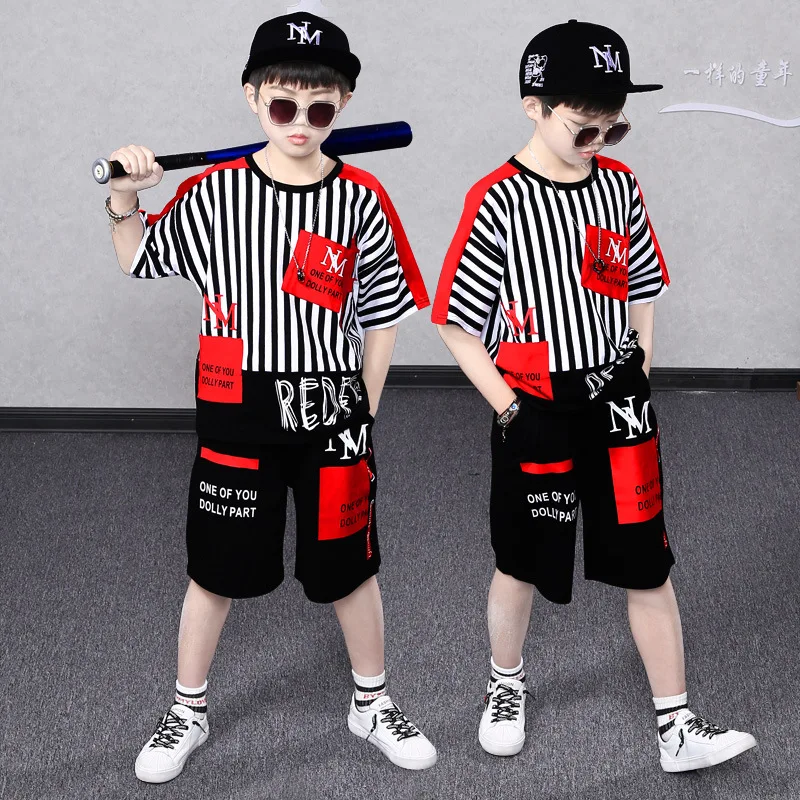 

Wholesale Children Suit 4-16 Years Children Boy Cartoon Fashion Stripe Suit Color Matching Sleeves 2pcs Suit Boys Clothing Set