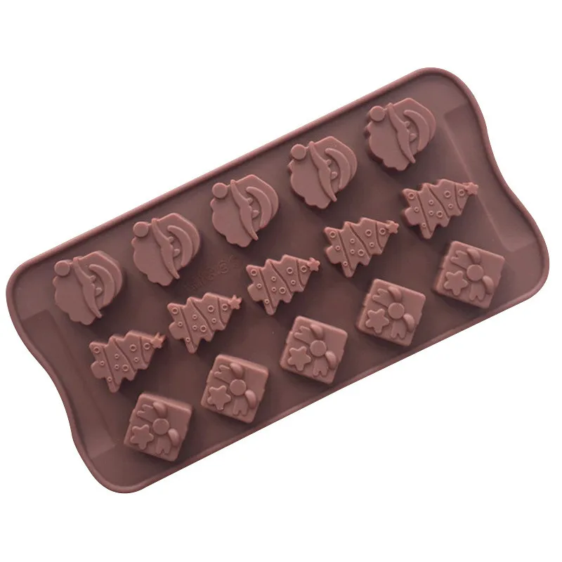 

0667 15 Hole Santa Head Gift Box Tree Handmade Soap Mold Silicone Chocolate Cake Baking Tool, Chocolate color