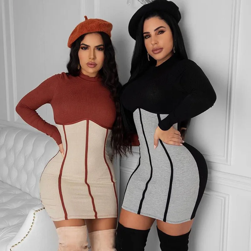 

Yingchchao Trendy Fall 2020 New Designer Sexy Patchwork Stripe Short Bodycon Knit Sweater Dress for Women Casual Sweater Dress