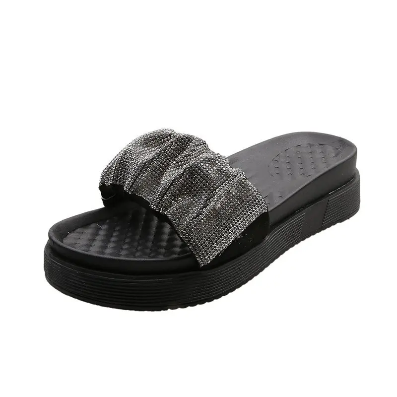 

INS Summer Street Ladies Trendy Slippers Solid Color Open-Toed Rhinestone Waterproof Platform Women Sandals 2021