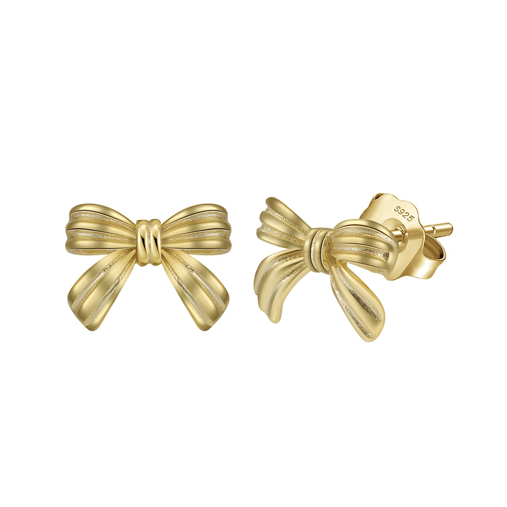 RINNTIN SE410 14K Gold Plated Bow Korean Earrings Cute Minimalist 925 Sterling Silver Stud Earrings for Women