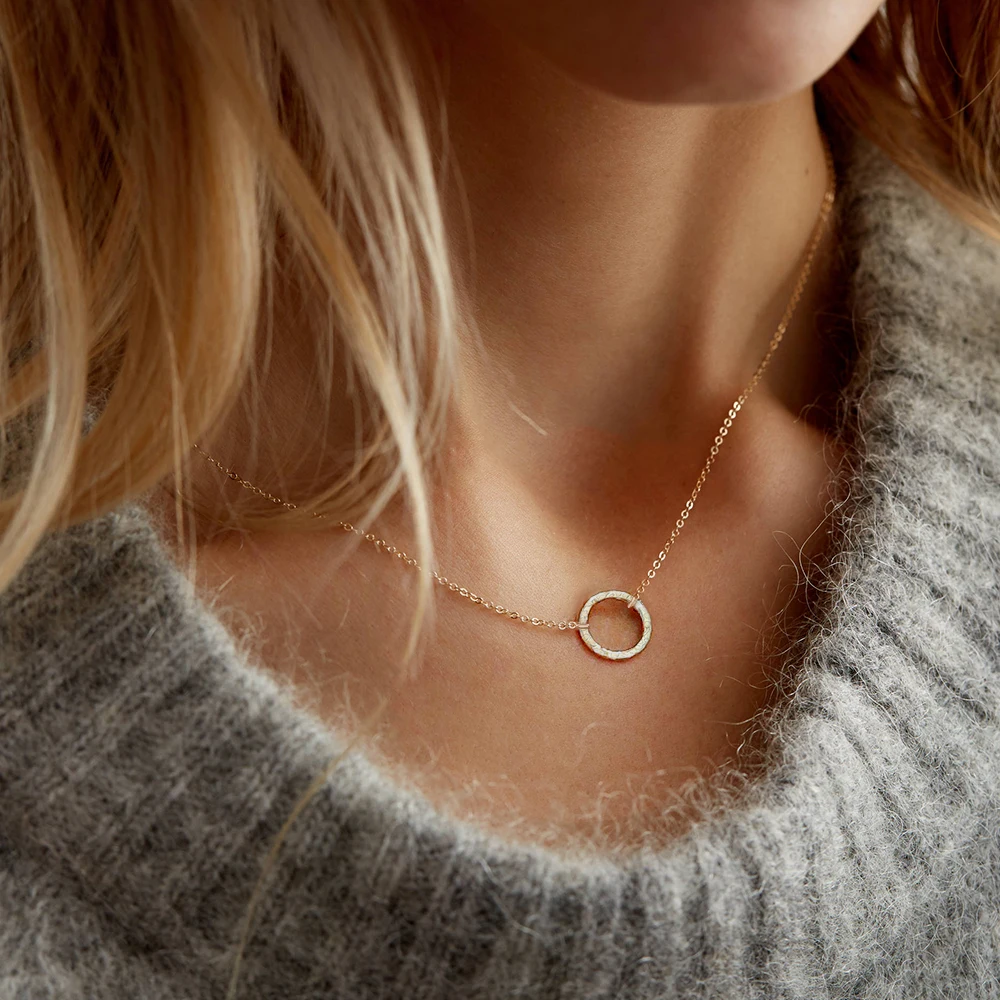 EManco Women's Classic Circle Pendant Necklace Stainless Steel Gold Vacuum Plated Link Chain