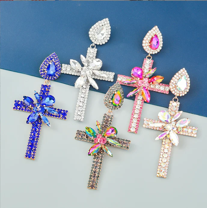 New Shiny Rhinestone big Cross Dangle Earrings Women's Earrings Dinner Wedding Accessories Fashion Luxury Jewelry