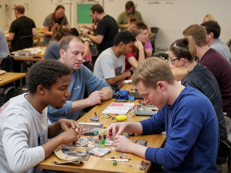 Diverse makers collaborating on electronics project in shared workshop
