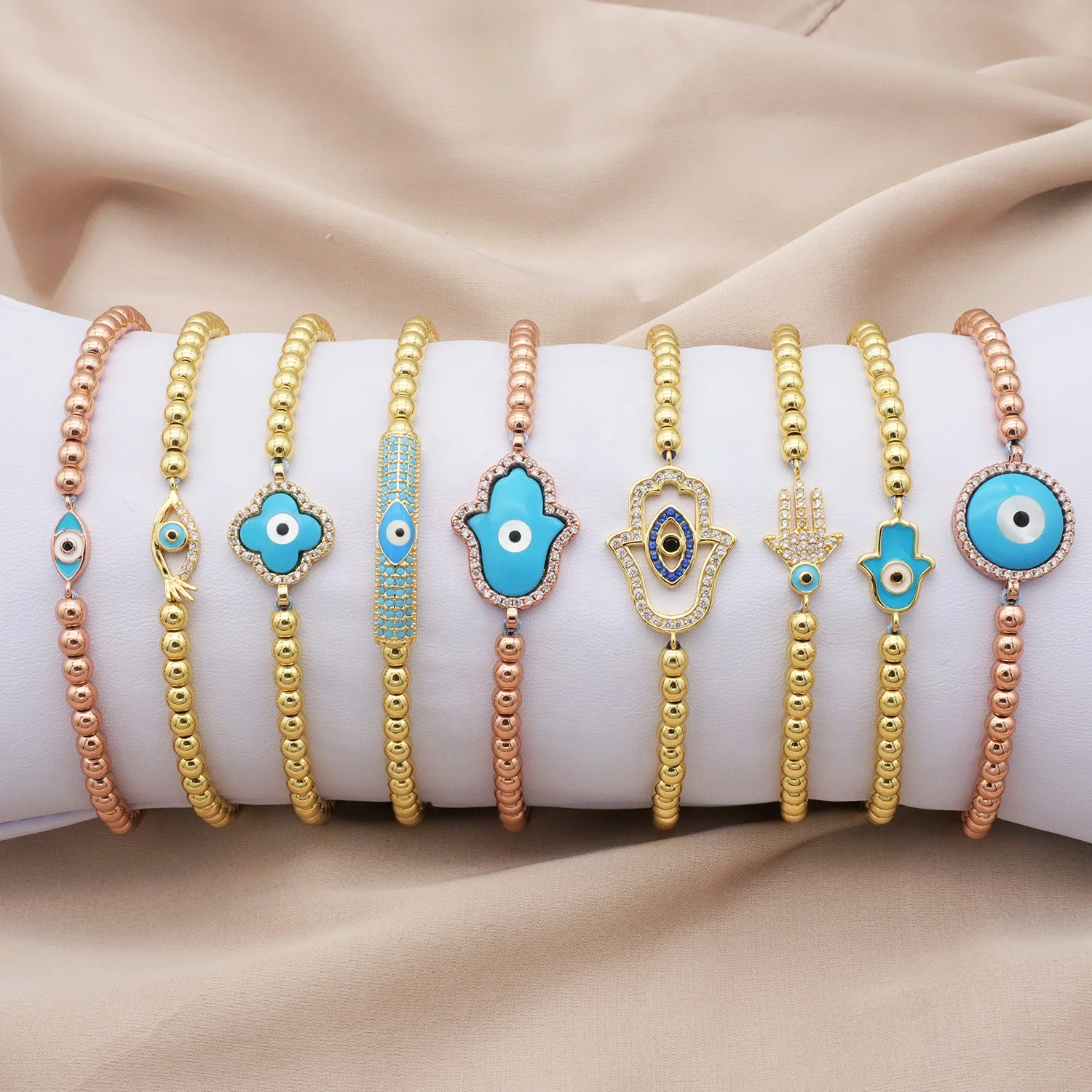 

GOOD QUALITY Factory wholesale turkish eyes bracelet charm rope adjustable evil eyes bangle, Gold
