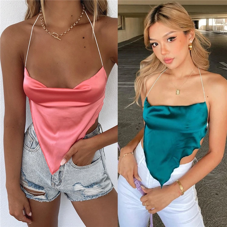 

2021 new women solid color bellyband satin women's sexy Sling backless tank crop top, Customized color