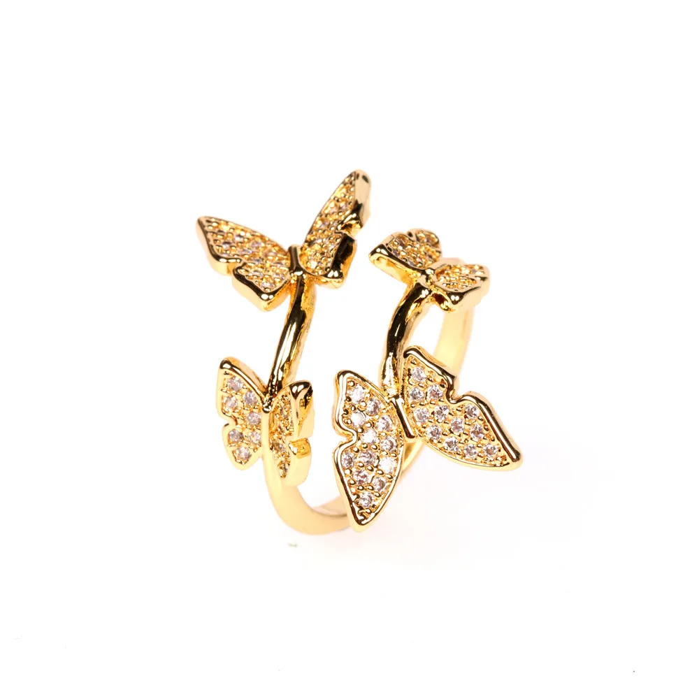 

18K Gold Plating Cute Animal Butterfly Zircon Finger Rings Vivid CZ Butterfly Opening Rings For Party Girls, As picture