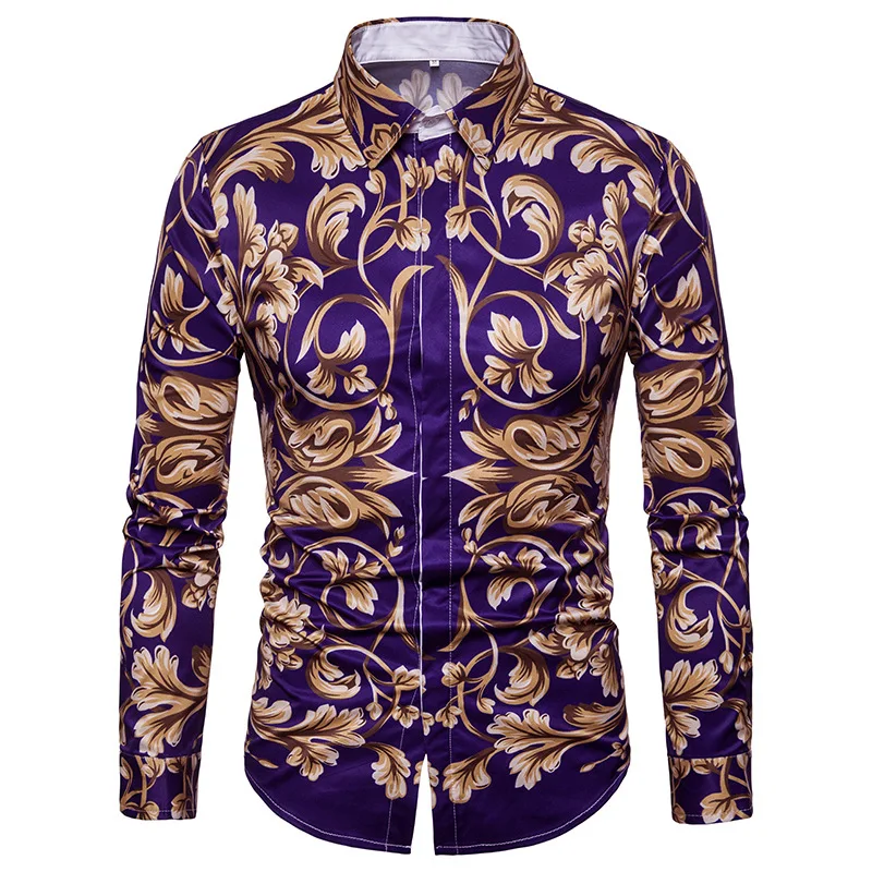 

Wholesale custom fashion casual stripes print gold flower print relaxed style silm long sleeve shirt for men, Picture shown