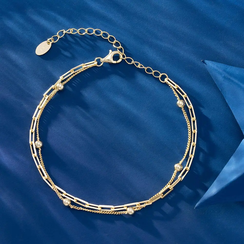 SB175 RINNTIN Paperclip Link with Satellite Chain 925 Sterling Silver Rhodium Plated Layer Chains Bracelet for Women