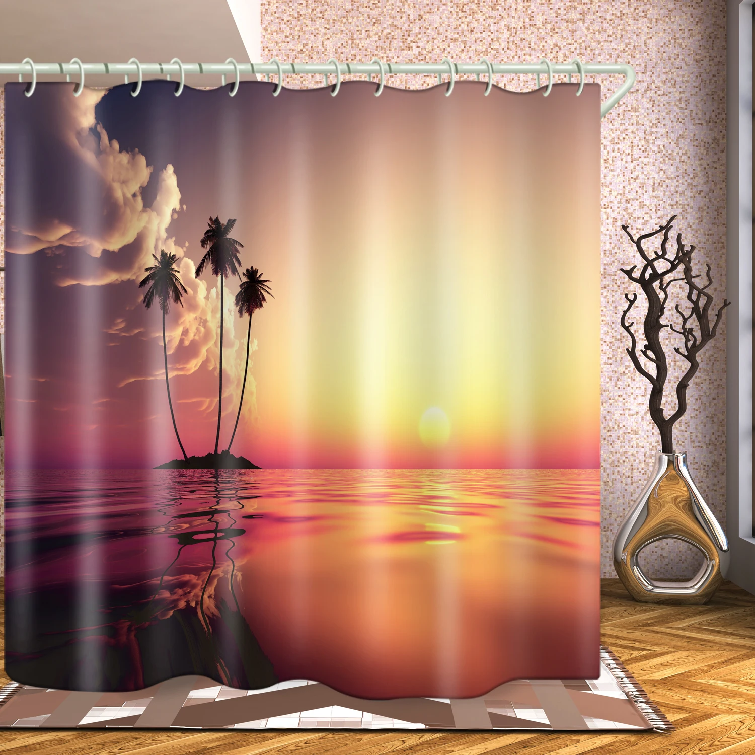 

Sunset sea palm tree theme bathroom waterproof shower curtain custom printed shower curtain decorative curtain, Picture