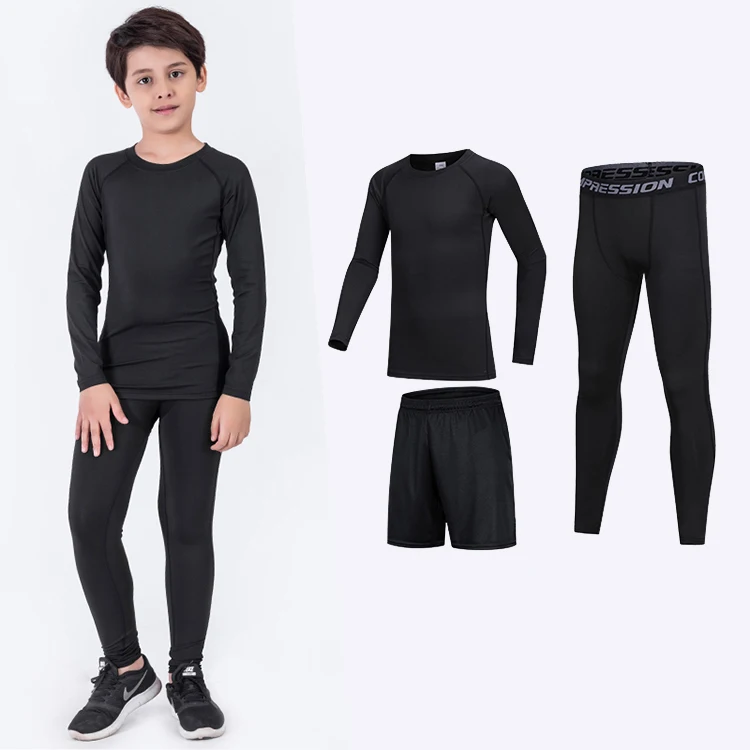 

Factory direct to sell 4 way stretch 3/Pcs PK Boys Athletic Compression Leggings and Long Shirts Sets Running Pants Tights, Black , black+green,black+gray