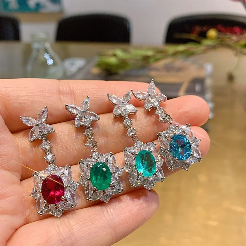 

New 7*9mm Paraiba Tourmaline Ruby Emerald Aquamarine Stone Drop Earrings for Women Wedding Fine Jewelry, Customized color