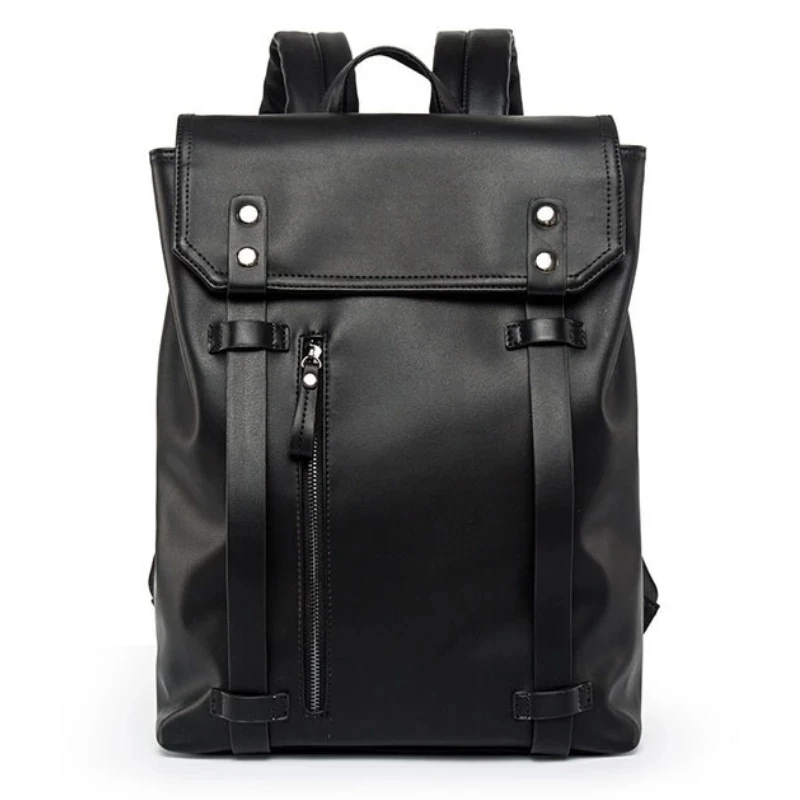 

Men's Travel Bookbag Soft Pu Leather Solid Black Waterproof Back Pack for Men Laptop School Bag for Boy Male Backpack Thin 2021, As picture