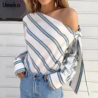 

Women One Shoulder Tops Sexy Long Sleeve Bow Shirts Female Fashion 2019 Chemisier Femme Striped Blouse