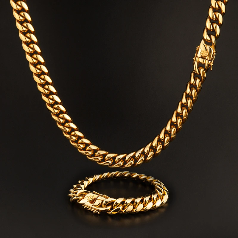 

Wholesale Hip Hop Jewelry 18K Gold Plated 316L Stainless steel Miami Cuban Link Curb Chain Necklace Bracelet for Men Women
