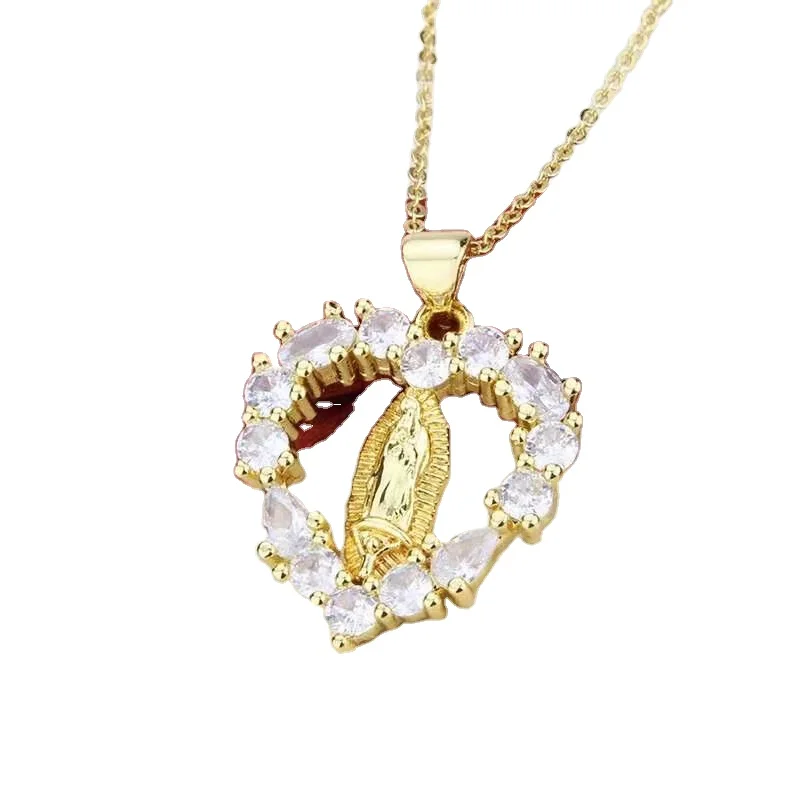 

New arrival Heart-shaped Zircon brass Religious heart charm necklace mary pendant