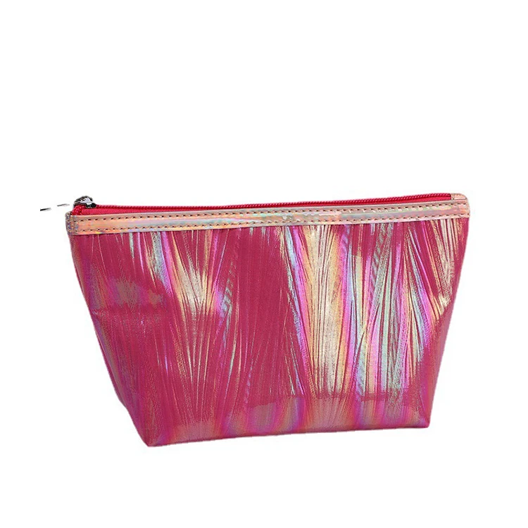 

Factory Wholesale Women PU Leather Travel Cosmetic Makeup Bag Hexagonal Simple Striped Iridescent Toiletry Bag