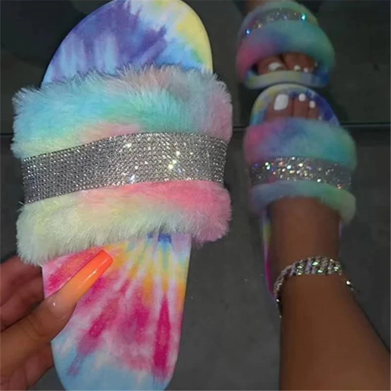 

Mixed Tie-dye Color Women High Platform Slides Shoes Diamonds Fluffy Fur Platform Slippers Sandals, Red black mixed pink white