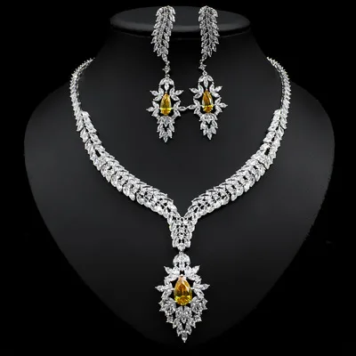 

Luxury High Quality Cubic Zircon Flower Jewelry Set Shiny Crystal CZ Wedding Necklace Earrings Set For Bride Women Party