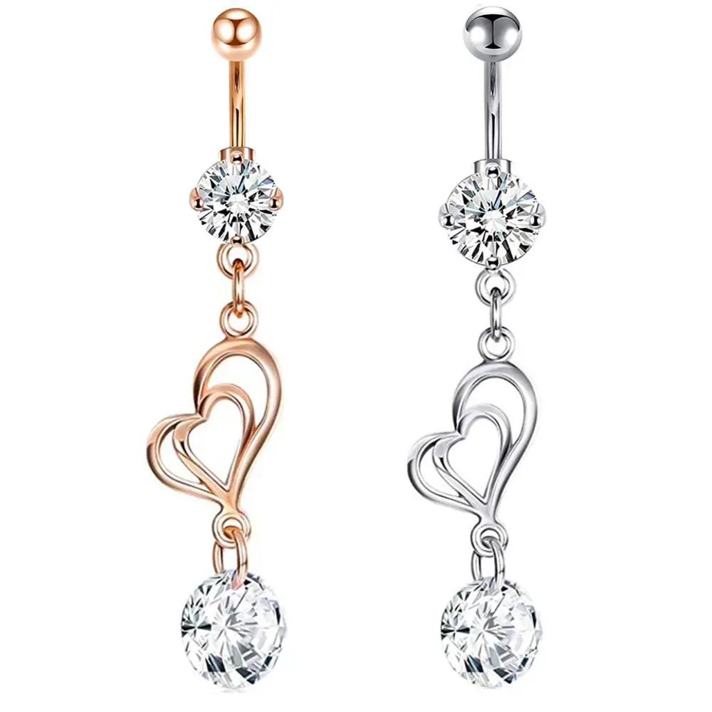 

YICAI Clear Zircon Dangle Button Navel Piercing Hollow Heart Body Jewelry For Summer Beach Women Stainless Steel Belly Ring, Silver/gold/rose gold